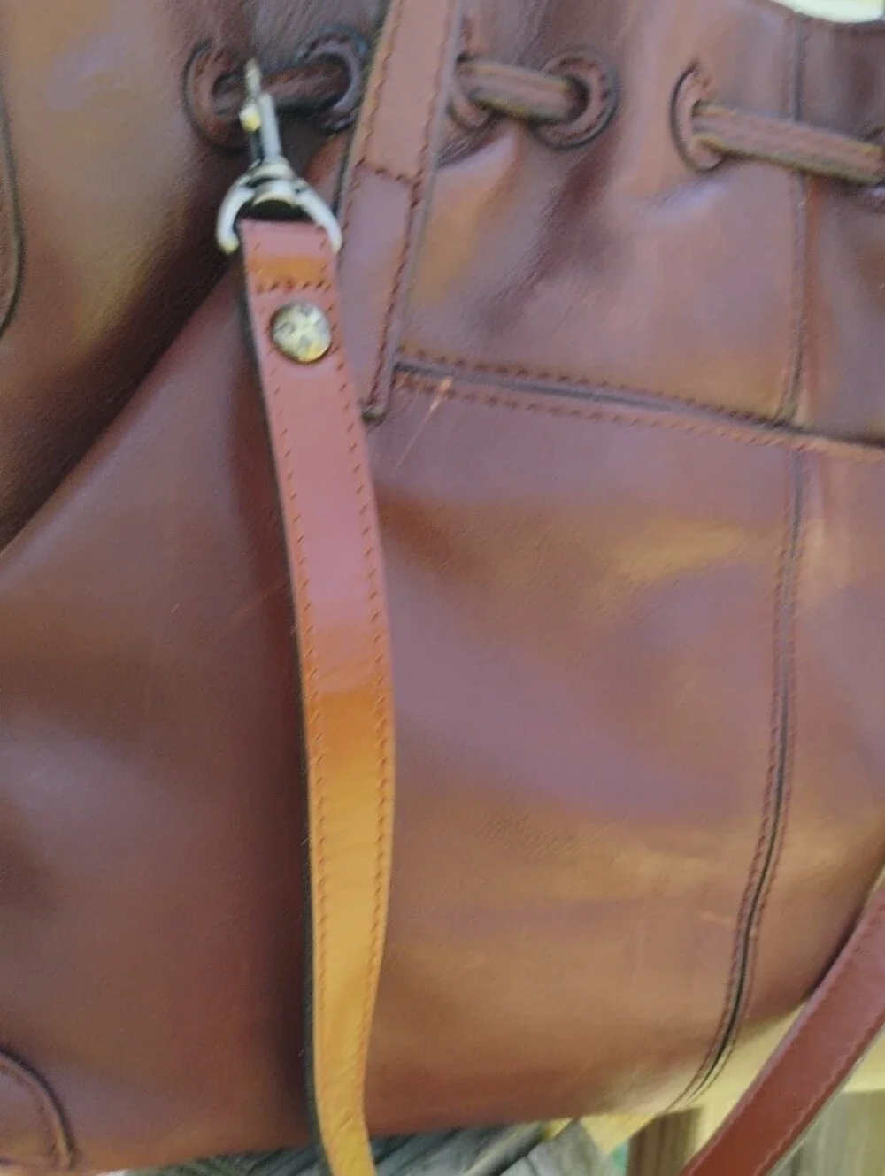 Patricia Nash Leather Whitney Drawstring Tote Bag - 3 Compartment _ Cross. Strap - Picture 7 of 15
